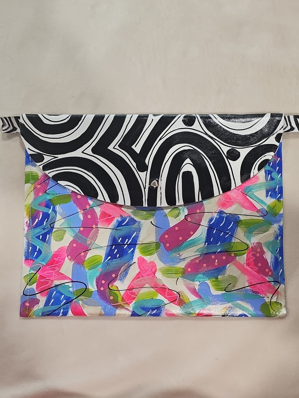Hand-Painted Vinyl Clutch with Bold Abstract Design By Audra Sampson